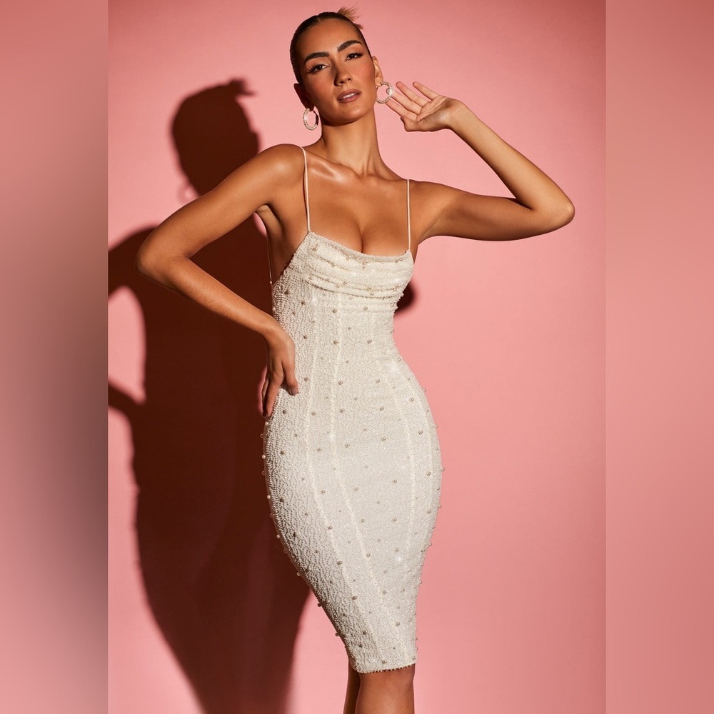 Oh Polly Strappy Embellished Pearl Midi Dress in White